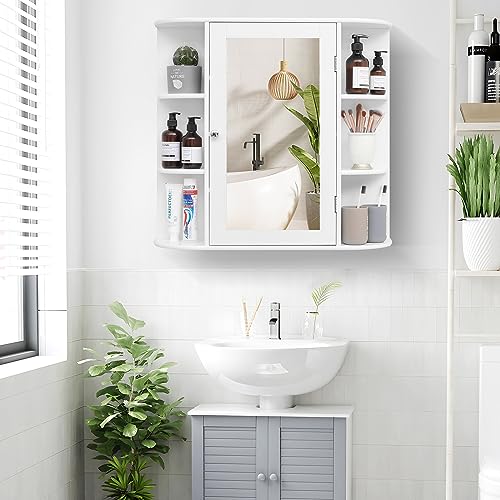 Iwell Bathroom Medicine Cabinet with Mirror, Bathroom Wall Cabinet with 2 Adjustable Shelves & 6 Open Shelves, Medicine Cabinet Organizer, Bathroom Cabinet Wall Mounted, White - color: White With Mirror