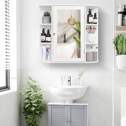 Iwell Bathroom Medicine Cabinet with Mirror, Bathroom Wall Cabinet with 2 Adjustable Shelves & 6 Open Shelves, Medicine Cabinet Organizer, Bathroom Cabinet Wall Mounted, White - color: White With Mirror