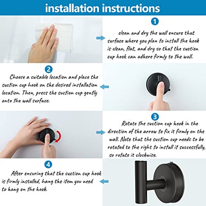 DGYB Large Suction Cup Hooks for Shower Set of 4 - Black Towel Hooks for Bathrooms - Stainless Steel Removable Wall Hooks - 15 Lb Heavy Duty Hanging - color: 4 Pack-Matte Black