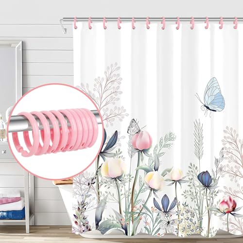 Pink Shower Curtain Hooks - 12 Pcs Circular Plastic Shower Curtain Rings for Bathroom - O Shaped Light Pink Shower Hooks Rings for Shower Curtain Rod - color: Pink