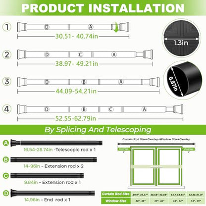 2 Pack Shower Curtain Rod 31-62 Inches Black Adjustable Tension Curtain Rod No Drilling Spring Loaded Curtain Rods Shower Rods For Bathroom,Window,Closet,Room Divider,7/8 Inch Diameter - color: Black, size: 31" to 62"-2Pcs