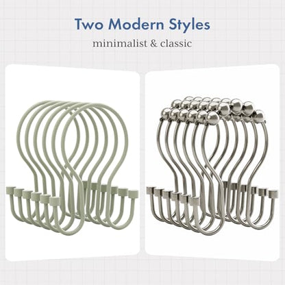 Bathway Sage Green Shower Curtain Hooks Shower Curtain Rings with Cylindrical Design, 12Pcs Metal Shower Curtain Hooks Rust Proof, Smooth Glide Double Shower Hooks Rings for Shower Curtain - color: Sage Green, style: Minimalist Shower Hooks with Cylinders
