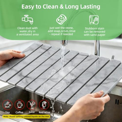 Large Stone Dish Drying Mat for Kitchen Counter, 24"×16" Foldable Quick Drying Mat, Absorbent Diatomaceous Earth Drying Mat for Bottles Cups Dishes, Match Any Countertop (Gray Marble, 24" x 16") - color: Gray Marble