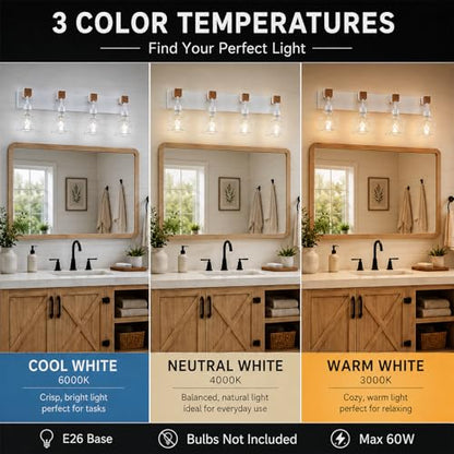 Farmhouse Vanity Light Fixture,4-Light Bathroom Lighting,White Modern Wood Wall Light Over Mirror with Metal Shade,LED Bulbs Not Included - color: White, size: 4-Light-Wide 28"