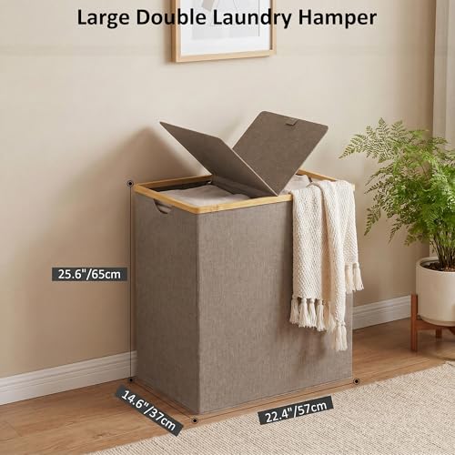 efluky Laundry Hamper with Lid, Double Laundry Basket with 2 Removable Bags, 2 Section Laundry Bin with Bamboo Handles for Bathroom, Bedroom & Laundry Room, 140L (36.9 Gallon) Brown - color: Brown, size: 140L Dual