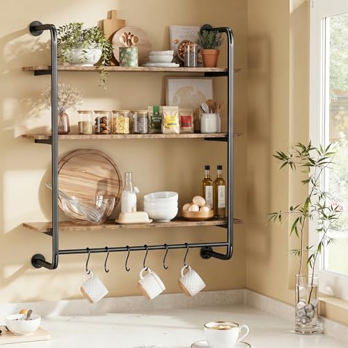3 Tier Industrial Pipe Floating Shelf, 31.5" Kitchen Wall Shelves | with Towel Bar & 6 Hooks, Coffee Bar Shelves Display Bookshelf Wall Shelf for Kitchen, Bathroom, Home Décor, Rustic Brown - size: 31.5 Inch（3 Tier）