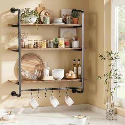 3 Tier Industrial Pipe Floating Shelf, 31.5" Kitchen Wall Shelves | with Towel Bar & 6 Hooks, Coffee Bar Shelves Display Bookshelf Wall Shelf for Kitchen, Bathroom, Home Décor, Rustic Brown - size: 31.5 Inch（3 Tier）