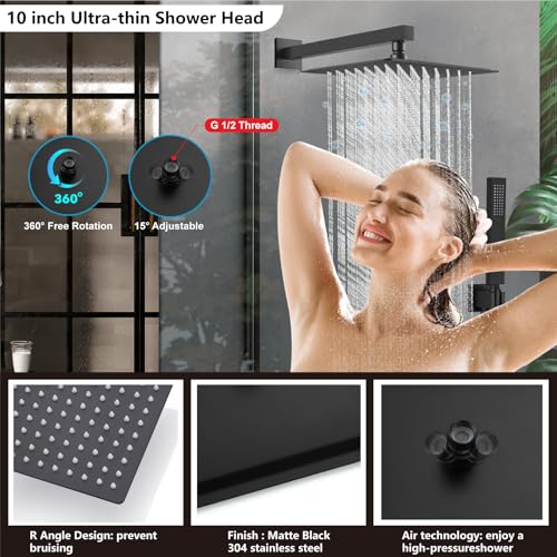 Midanya Shower Faucet Set with Handheld Sprayer,10 Inch,Matte Black | Rough-in Shower Valve and Trim Kit Included,Square Rain Head,Wall Mount Shower System,All Metal,Bathroom - color: Black, size: 10 Inch