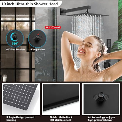 Midanya Shower Faucet Set with Handheld Sprayer,10 Inch,Matte Black | Rough-in Shower Valve and Trim Kit Included,Square Rain Head,Wall Mount Shower System,All Metal,Bathroom - color: Black, size: 10 Inch