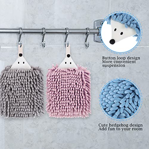 Kinlop Set of 4 Chenille Hand Towels, Fuzzy Ball Towel, Soft Hanging Absorbent Quick Dry, Hedgehog Hand Towel for Drying Bath Kitchen Washstand(Pink, Green, Blue, Gray)