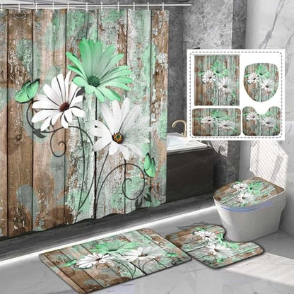 JAWO 4 Piece Green Daisy Flower on Rustic Wooden Plank Country Style Shower Curtain Sets with Non-Slip Rugs, Toilet Lid Cover and Bath Mat, Shower Curtain with 12 Hooks - color: Green-a, size: 5'10" x 5'10" (Rectangular)
