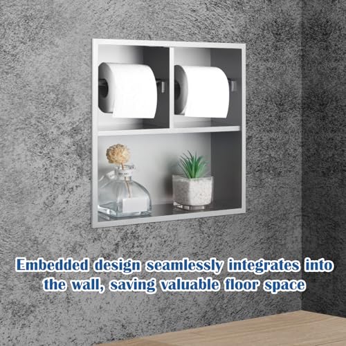 Maxdot Recessed Dual Toilet Roll Holder, in Wall Toilet Paper Holder with Storage, Bathroom Wall Niche Shelf, 304 Stainless Steel (Brushed) - color: Brushed