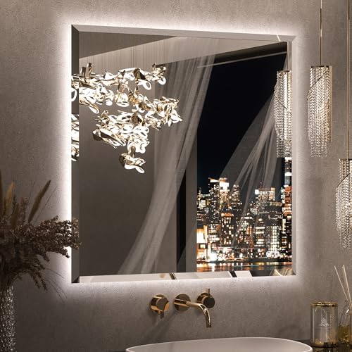 Keonjinn 36 x 36 Inch Square LED Mirror with Backlight, Backlit Bathroom Mirror Beveled Edge, HD Tempered Glass, UL-Listed LED Driver, 3 Color Lights, Safe Defogging, Dimmable, Decorative Mirror - color: Backlit Beveled Edge, size: 36"L x 36"W