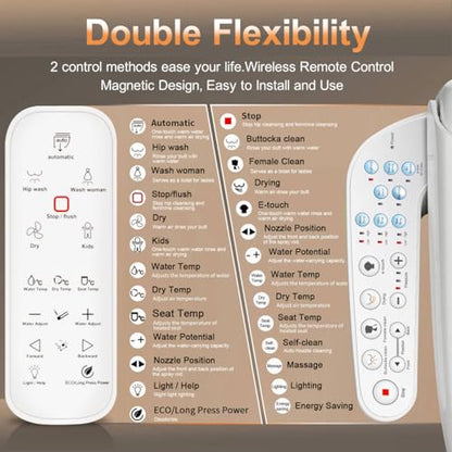 KERDE P30B Bidet Toilet Seat - Dual Control (Side Panel & Remote), Warm Water Wash, Heated Seat, Warm Air Dryer, LED Night Light,Existing Toilets Electric Bidet Elongated Electronic Heated Smart - style: Minimalist