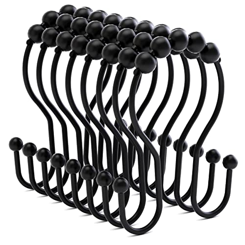 Bathway Shower Curtain Hooks Shower Curtain Rings Black Shower Curtain Hooks RustProof Smooth Metal Double Shower Curtain Hook, Shower Hooks for Shower Curtain Liner Bathroom Shower Rod Hook - color: Black