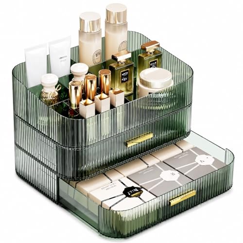 Makeup Organizer for Vanity, Large Desk Organizer with Stackable Drawers for Cosmetics, Skincare, Lipsticks, Palette, Nail Care, Ideal Storage for Dresser and Bathroom Countertop-Green - color: Vintage Green, size: 1 Tray + 2 Drawer