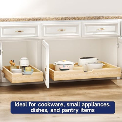 Pull Out Cabinet Organizer, 31.5 in W x 21 in D Solid Wood Slide Out Drawer, Soft Close Sliding Shelf, Bottom or Side Mount for Kitchen Pantry Bathroom, Fits 32.5 in Cabinet Opening - size: 31½” W × 4"H x 21” D