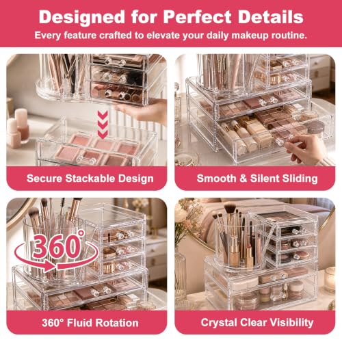 2-Tier Acrylic Makeup Organizer, 360° Rotating Brush Holder & 5 Drawers | Stackable Design; 5 Detachable Drawers; Crystal Clear Display; Space-Saving Countertop Caddy for Vanity, Bedroom & Bathroom - size: 2 Tier-5 Drawers