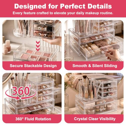 2-Tier Acrylic Makeup Organizer, 360° Rotating Brush Holder & 5 Drawers | Stackable Design; 5 Detachable Drawers; Crystal Clear Display; Space-Saving Countertop Caddy for Vanity, Bedroom & Bathroom - size: 2 Tier-5 Drawers