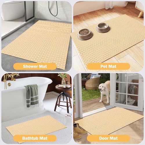 Bathroom Non Slip Shower Mat, Khaki 58x32 Inch Bathtub Mat, Non Slip Bathroom Mat for Elderly and Kids, Easy to Dry, Fast-Dry Drainage Hole, Easy to Prune - color: Khaki, size: 58" x 32" (Rectangular)
