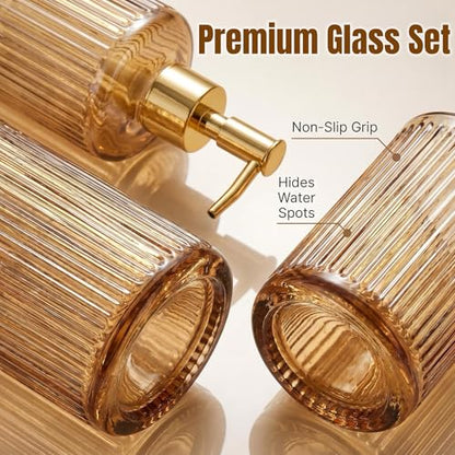 4 Pcs Brown Bathroom Accessories Set, Glass Bathroom Set, Soap Dispenser, Toothbrush Holder, Qtip Holders, Modern Bathroom Decor, Housewarming Gift Set （Amber Brown） - style: 4 pcs Brown