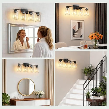 4-Light Bathroom Light Fixtures, Matte Black Modern Vanity Lights, Bathroom Lighting Fixtures Over Mirror, Square Design Farmhouse Wall Sconces with Clear Glass Shades - color: Matte Black, size: 4-Light