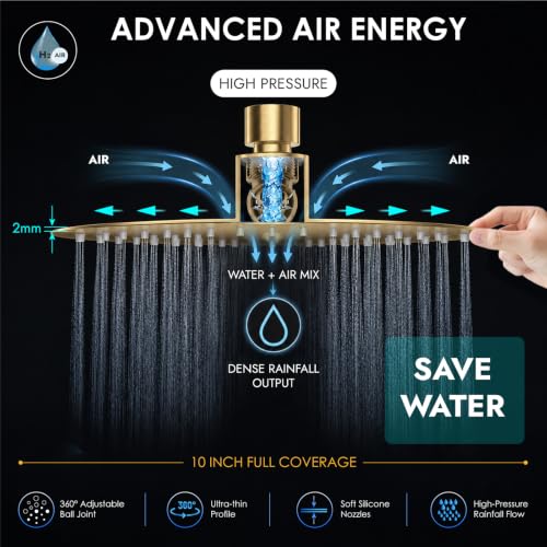 Midanya Round Rain Shower Head,High Pressure,Brushed Gold 10 Inch | 360°Swivel,Ceiling or Wall Mount,Waterfall Full Body Coverage,Bathroom Remodel,Stainless Steel Large Rainfall Shower Head - color: Gold, size: 10 Inch