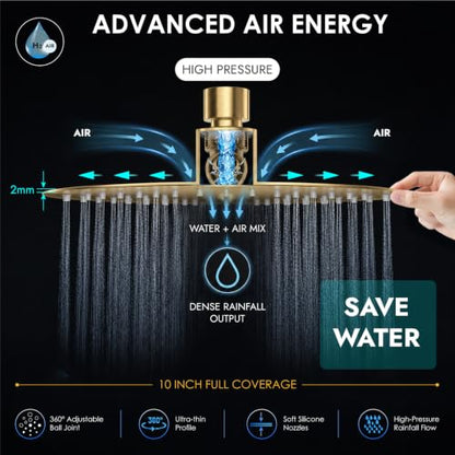 Midanya Round Rain Shower Head,High Pressure,Brushed Gold 10 Inch | 360°Swivel,Ceiling or Wall Mount,Waterfall Full Body Coverage,Bathroom Remodel,Stainless Steel Large Rainfall Shower Head - color: Gold, size: 10 Inch