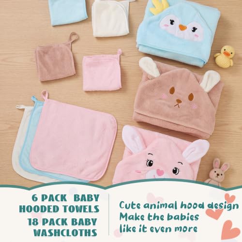 Tegeme 24 Pcs Large Hooded Baby Towel with Washcloths,Soft Animals | Ultra Absorbent, Toddler, 6 Bath Towel, 18 Washcloths 10inch, Coral Fleece, Newborn, Infant, Boy, Girl, Baby Shower, Birthday - style: Soft Animals