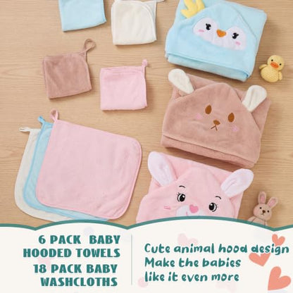 Tegeme 24 Pcs Large Hooded Baby Towel with Washcloths,Soft Animals | Ultra Absorbent, Toddler, 6 Bath Towel, 18 Washcloths 10inch, Coral Fleece, Newborn, Infant, Boy, Girl, Baby Shower, Birthday - style: Soft Animals