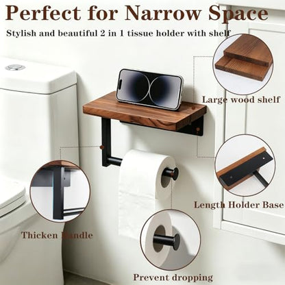 Toilet Paper Holder with Shelf, Thicken Metal Wall Mounted Toilet Roll Holders for Bathroom Washroom, Modern Toilet Tissue Holder Rustproof Paper Towel Storage Bathroom Decor (Black)