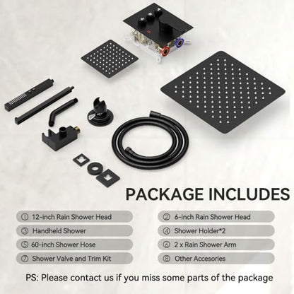 Shower Faucet Set Matte Black Shower System,STARBATH Push Button Diverter Shower Set with 2 in 1 Handheld,Can Use All at Once, 12 Inch Rainfall Shower and 6 Inch Wall Mount Shower Head - color: Matte Black, size: 6+12 inch-09