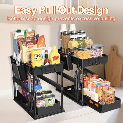 JPart Under Sink Organizer, Kitchen Organizers and Storage, 2-Tier Bathroom Cabinet Organizer with Sliding Drawers, Thickened Construction with Hooks Hanging Cup for Kitchen & Bathroom, 2 Pack
