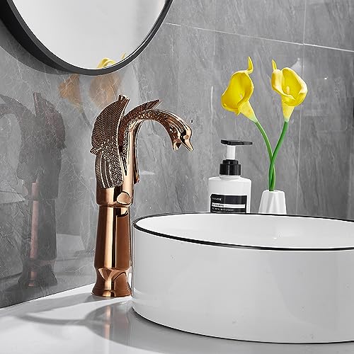 Copper Swan Shape Single Handle One Hole Bathroom Vessel Sink Faucet Deck Mount Lavatory Sink Faucet - color: Copper, size: Tall