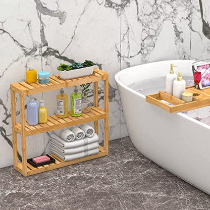 Domax Bamboo Bathroom Shelf 3-Tier Wall Mount Storage Rack Multifunctional Adjustable Layer Free Standing Over Toilet Utility Shelves Living Room Kitchen (Bamboo) - color: Bamboo