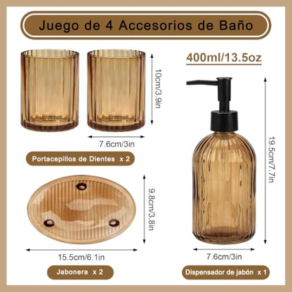 4Pcs Glass Bathroom Accessories Set, Amber Bathroom Set Glass Bathroom Decor Set with Complete Lotion Soap Dispenser, Toothbrush Holder, Mouthwash Cup, Soap Dish for Home Apartment