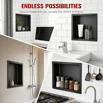 VELPAX No Tile Needed Shower Niche 12"X 12", Bathroom Wall Niche Single Shelf, Stainless Steel Shower Niche for Bathroom, Kitchens, Balconies - color: Black, size: 12"X 12" Single Shelf