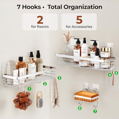Orimade Adhesive Shower Caddy Soap Dish Holder Shelf with 5 Hooks Bathroom Organizer Basket Kitchen Storage Rack Wall Mounted No Drilling Stainless Steel - 3 Pack,Silver - color: Silver - 2 Pack with Soap Dish