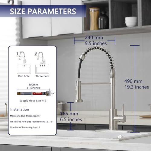 VOTON Kitchen Faucets with Pull Out Sprayer Commercial Spring Sink Faucet Stainless Steel Brushed Nickel Pull Down Single Handle Farmhouse faucets with Deck Plate for Camper Laundry Utility Rv Wet Bar - color: Brushed Nickel