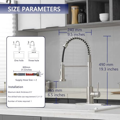 VOTON Kitchen Faucets with Pull Out Sprayer Commercial Spring Sink Faucet Stainless Steel Brushed Nickel Pull Down Single Handle Farmhouse faucets with Deck Plate for Camper Laundry Utility Rv Wet Bar - color: Brushed Nickel