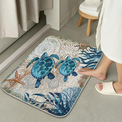Nautical Sea Turtles Blue Ocean Beach Bathroom Rugs and Mats Sets 3 Piece, Memory Foam Bath Mat, U-Shaped Contour Shower Mat Non Slip Absorbent, Velvet Washable 20 x 31 inch - color: Color1
