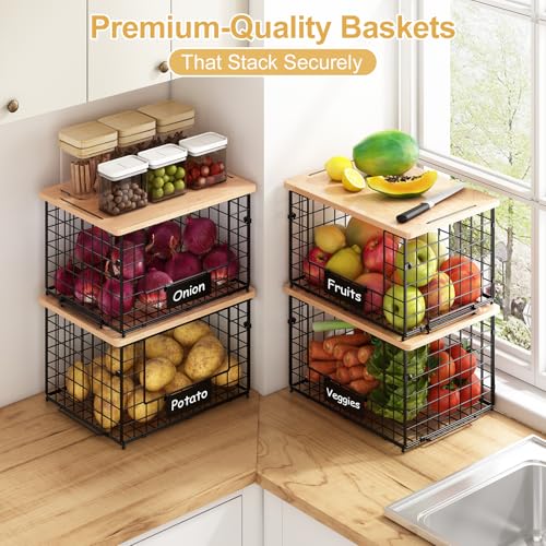 2-Pack Stackable Wire Baskets with 2 Pads & Bamboo Top, Pantry Organizer | Potato and Onion Storage Bin with Labels, Organize Produce/Fruit/Vegetable on Kitchen Counter, Cabinet or Under Sink, XL - size: XL-17.28x13.15x8.43
