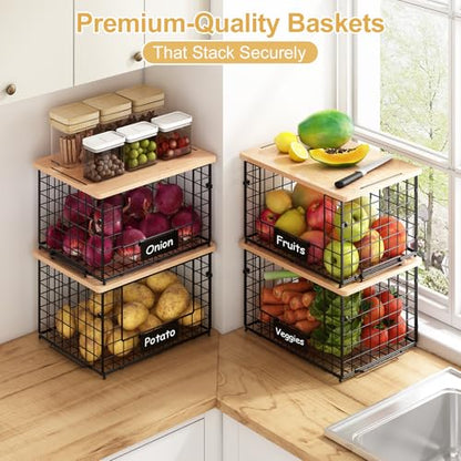 2-Pack Stackable Wire Baskets with 2 Pads & Bamboo Top, Pantry Organizer | Potato and Onion Storage Bin with Labels, Organize Produce/Fruit/Vegetable on Kitchen Counter, Cabinet or Under Sink, XL - size: XL-17.28x13.15x8.43