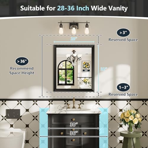 28x32 Inch Black Bathroom Mirror for Wall, Beveled Framed Rectangle Bathroom Vanity Mirrors for Over Sink, Bedroom, Living Room, Entryway, Anti-Rust, HD Tempered Glass, Horizontally/Vertically - size: 28"L x 32"W