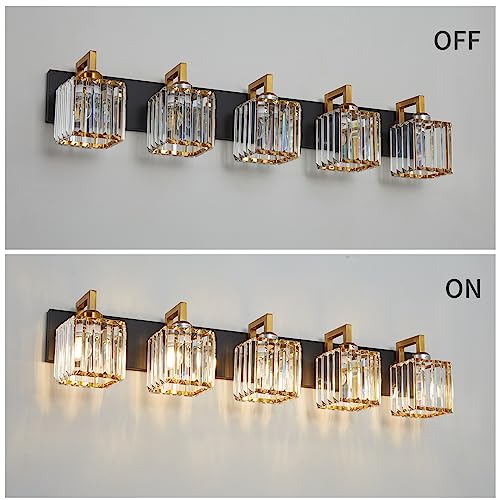 Modern Bathroom Vanity Light 5-Lights Black Gold Crystal Wall Lamp Bathroom Modern Crystal Vanity Lighting - color: Black+Gold Crooked, size: 5-light