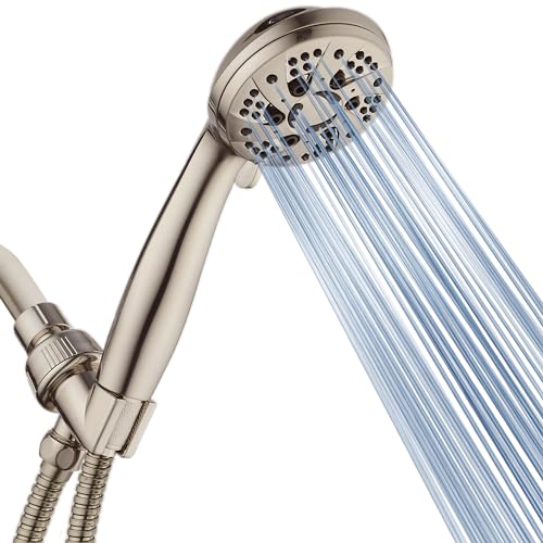 AquaDance High Pressure 6-Setting Full Brushed Nickel Handheld Shower Head with Stainless Steel Hose. Officially Independently Tested to Meet Strict US Quality & Performance Standards! | Anti-clog Jets, Premium Stainless Steel Hose & Adjustable Bracket fo