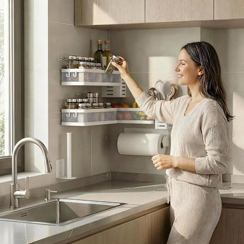 PUSDON 5-in-1 Wide Wall Mount Wrapped Mesh Kitchen Organizer & Shower Caddy Kit, with Paper Towel Holder, Utensil Holder, Soap Dish, Heavy Duty 50LBS - White, Netting - color: White, size: 5-in-1 Full Mesh (12.6" Wide)
