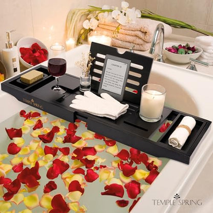 Bamboo Bathtub Tray Caddy for Tub — Expandable Wood Bath Tray with Solid Book Stand Wine Holder and Non-Slip Pads — Includes Bamboo Soap Dish and Spa Accessories — Luxury Bath Gift Set - color: Black