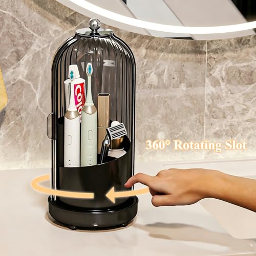 Drainable Toothbrush Toothpaste Holders with Cover, Gray Black | Drainage Holes, Waterproof and Dustproof, 360° Rotating Base, Sliding Door, for Bathroom Counter - color: Gray Black