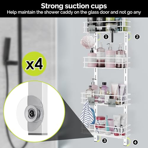 Orimade Over the Door Shower Caddy Adjustable 5 Tier Black,Bathroom Hanging Organizer Shelf Rustproof with 4 Hooks,Shower Basket with Soap Holder and Suction Cup, White - color: White-5T